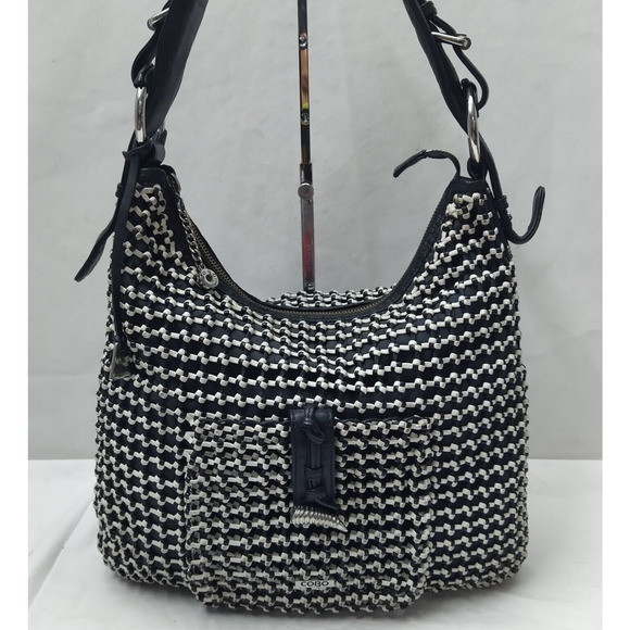 COBO International Black Nylon Mesh Woven Front Pocket Zipper Hobo Shoulder Bag - Picture 2 of 16